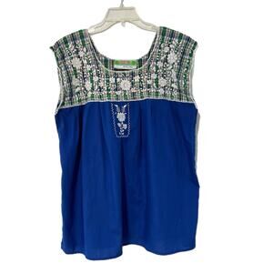 Nativa Embroidered Mexican Sleeveless Blouse Top Large Handmade Blue Peasant